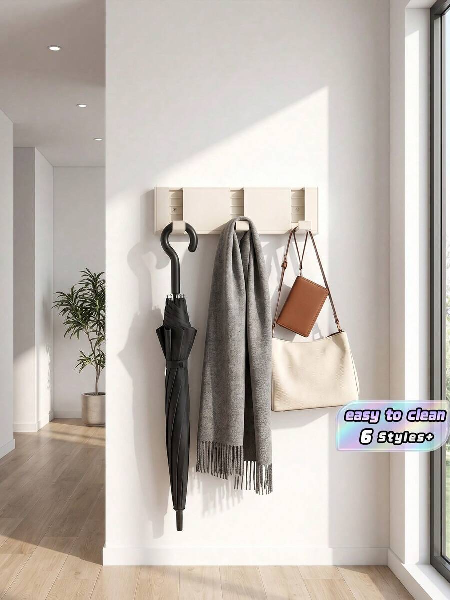 A Thick, Foldable Cream White Aluminum Alloy Hook Shelf With 3/4/5/6/7/8 Hook Options, Wide And Thick Hooks With Strong Bearing Capacity, 75° Upward Tilt Design To Prevent Clothes And Items Methods: Hole-Free Adhesive Or Drilled Screw - Cream White - View 1