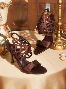 CUCCOO TILAWA Coffee Brown Satin Hollow Rhinestone Stiletto Sandals, Women's Light Luxury Rear Strap Buckle Open-Toed High Heels - Coffee Brown - View 3