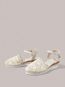 Styleloop Zapatos de plataforma y cuña sin cordones para mujer, punta puntiaguda con decoración de hebilla, adecuados para la temporada de vacaciones, primavera/verano - Malla blanca - Ver 7