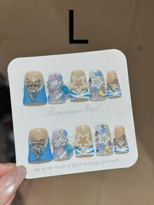 10片中長款鴨子造型手工穿戴甲，夏季風格，精緻裝飾可愛圖案，適合旅行與日常佩戴，女性禮物 - 藍色 - 查看 12