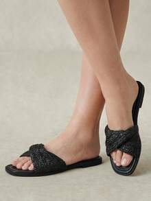 Styleloop Woven Kink Slippers Women's Summer Wear Square Toe Flat Bottom Soft Sole Versatile Beach Sandals - carbon black - View 2