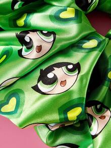 THE POWERPUFF GIRLS X SHEIN 單包裝可愛時尚亮面緞面柔軟大號大腸圈卡通印花髮圈，適合居家或外出使用，高馬尾 - 綠色 - 查看 5