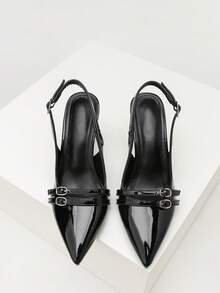 CUCCOO SZL Women's Shoes Fashion PU Material Pointed Stiletto High Heels, Double Strap Simple Glossy Design, Suitable For Commuting Parties - Black - View 4