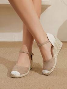 Styleloop Sandalias de tacón alto para mujer con tiras cruzadas de goma y cuerda de paja - Caqui - Ver 2
