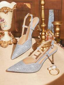 CUCCOO TILAWA Women's Fashion Rhinestone Decor High Heel Party Shoes Spring Shoes Spring Break Easter Prom Heels For Christmas Valentine's Day - Silver - View 1