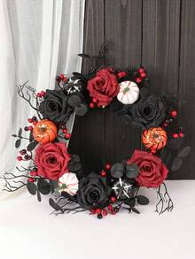 1pc Black Halloween Wreath With Twig Pine Needle & Pumpkin Decor, Gothic Door Hanging Circle For Party Halloween, Fall Front Porch Home Decoration - multicolor - View 5