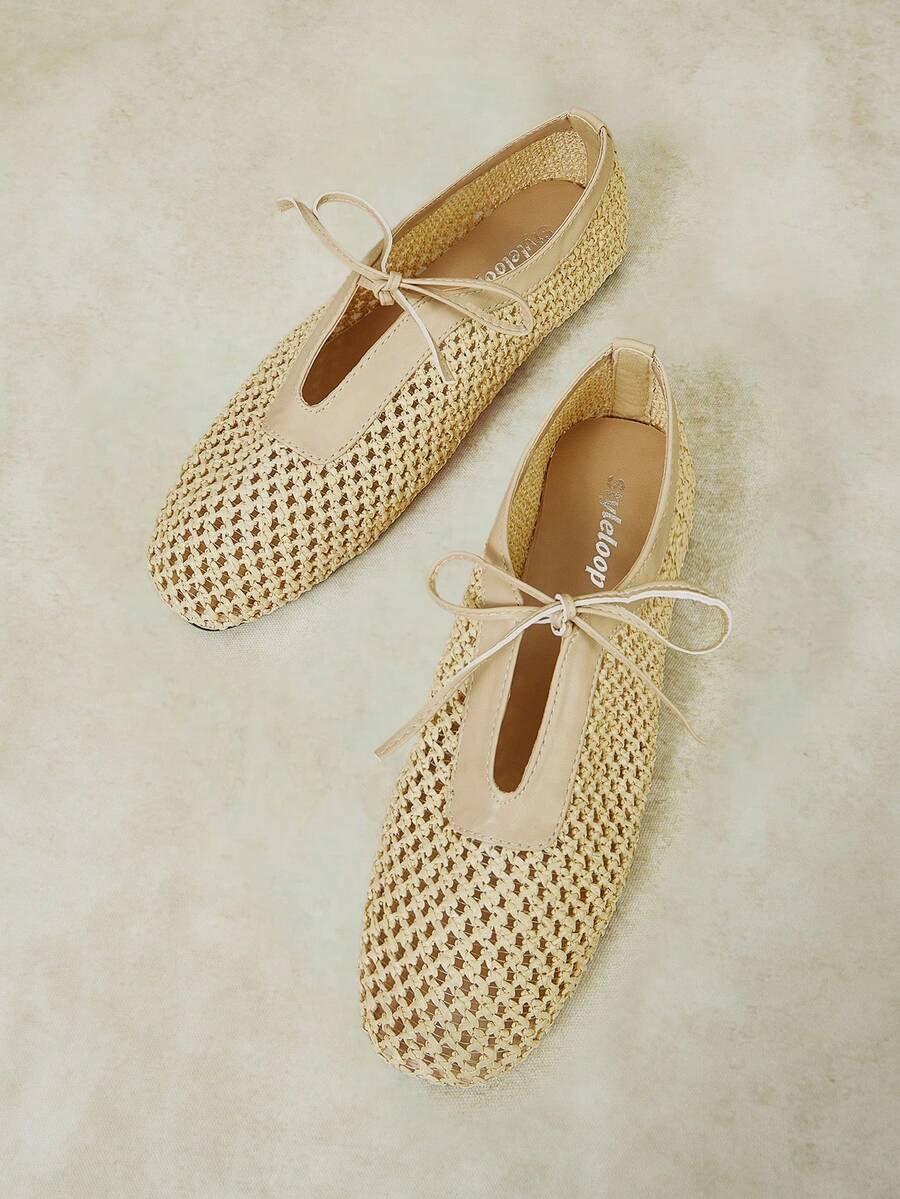 Styleloop Ladies PP Straw Upper, Bow, Decoration, Flat Shoes - Apricot - View 1