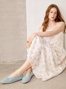 MOTF WOMEN LIGHT BLUE HOLLOW OUT SQUARE TOE FLATS SPRING SHOES FALL SHOES - Blue and White - View 4