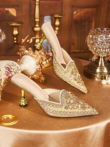CUCCOO TILAWA Flower Rhinestone Elegant Sexy Pointed Women's High Heels - Exquisite And Stylish Design, With A Slip-On Design For Women With Stilettos - Gold - View 1