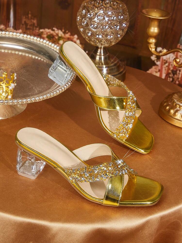 CUCCOO TILAWA Women's Fashion Crystal Glass Rhinestone Decorated High Heel Sandals For Outdoor Events And Parties, Spring Shoes, Spring Break Easter Prom Heels - Gold - View 1