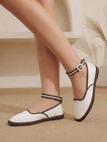 Styleloop Sepatu Flat Wanita Warna Beige Vintage dengan Tali Beludru - Krem - View 7