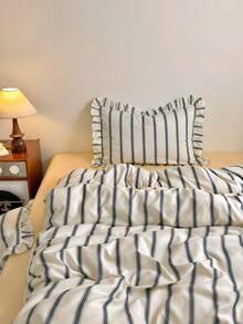 Cirelle 3pcs Ruffled Striped Duvet Cover Set - Soft Polyester French Vertical Striped Bedding Set, Cottagecore Shams With Ruffle Fringe Trim (Duvet Cover No Ruffles, No Insert) - Endless Grey - View 4