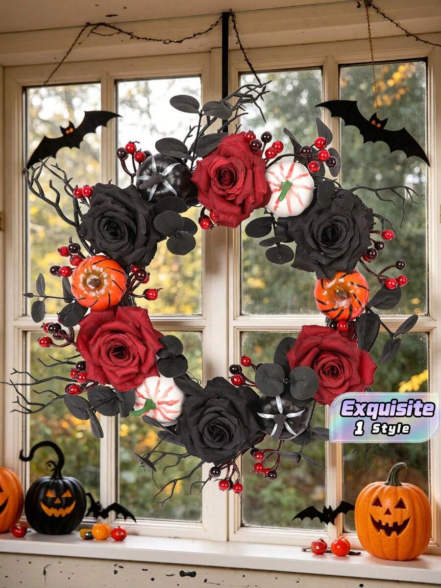 1pc Black Halloween Wreath With Twig Pine Needle & Pumpkin Decor, Gothic Door Hanging Circle For Party Halloween, Fall Front Porch Home Decoration - multicolor - View 1