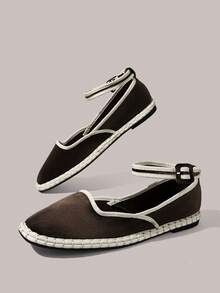 Styleloop Ladies Brown Vintage Velvet Strap Flat Shoes Fall Shoes - Coffee - View 5