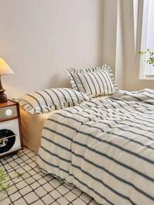 Cirelle 3pcs Ruffled Striped Duvet Cover Set - Soft Polyester French Vertical Striped Bedding Set, Cottagecore Shams With Ruffle Fringe Trim (Duvet Cover No Ruffles, No Insert) - Endless Grey - View 5