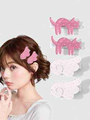 ROMWE Anime 4 Sweet College Style Simple Multi-Color Acrylic Polka Dots Kitten Wings DIY Hairpin, Duck Bill Clip Hairpin, Combination Set 2087270
