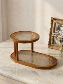 Cirelle 2-Tier Wooden Vanity Tray Organizer, Retro Countertop Perfume & Makeup Organizer Storage Display Rack, Decorative Oval Tabletop Catchall Stand For Bedroom, Dresser, Bathroom, Entryway - Multicolor - View 2