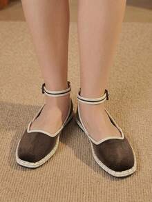 Styleloop Ladies Brown Vintage Velvet Strap Flat Shoes Fall Shoes - Coffee - View 7
