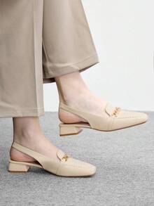 CUCCOO BIZCHIC 女款方頭低跟杏色後扣帶金屬鍊條slingback女鞋，舒適通勤，適合戶外購物 - 杏色5 - 查看 3