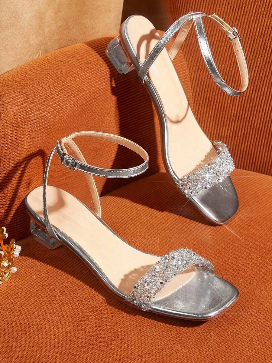 CUCCOO TILAWA Women's Fashion Crystal Glass Rhinestone Decorated High Heel Sandals For Outdoor Events And Parties, Spring Shoes, Spring Break Easter Prom Heels - Bright silver - View 1