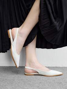 CUCCOO BIZCHIC 女款平底尖頭簡約米色後扣slingback女鞋，日常百搭輕量舒適通勤上班鞋 C - 米白色PU - 查看 4
