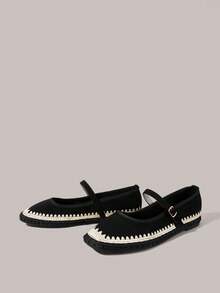 Styleloop Women's Retro Embroidered Flannel Pull-Up Belt Flat-Soled Shoes - Black - View 9