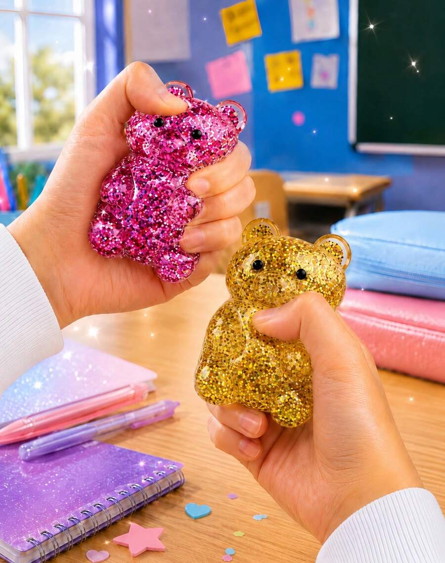 1pc Pink Glitter Bear Squeeze Figure With Clear Jelly Finish, Sparkle Filled Animal Shape In Striped Window Box, Soft Handheld Squishy Ornament For Desk Decor, Shelf Display And Travel Carry - Multicolor - View 1