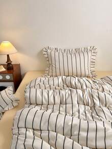 Cirelle 3pcs Ruffled Striped Duvet Cover Set - Soft Polyester Black And White Vertical Striped Bedding Set, Cottagecore Quilt Cover With Ruffle Fringe Trim (Duvet Cover No Ruffles, No Insert) - sunset - View 4