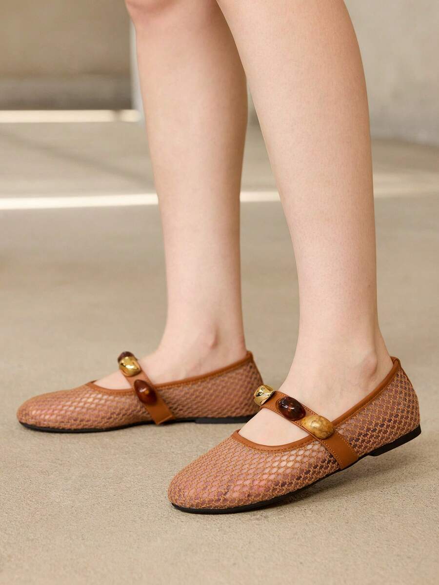 MOTF PREMIUM RETRO BROWN MESH KNIT MARY JANE SHOES, ROUND TOE SOFT SOLE DAILY WALKING FLAT PUMPS FOR WOMEN FALL SHOES - Camel - View 2