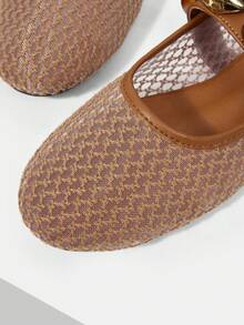 MOTF PREMIUM RETRO BROWN MESH KNIT MARY JANE SHOES, ROUND TOE SOFT SOLE DAILY WALKING FLAT PUMPS FOR WOMEN FALL SHOES - Camel - View 5