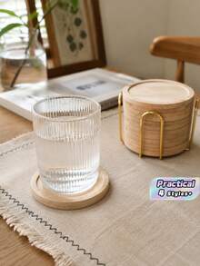 6‑Pack Bamboo Coaster Set With Holder, Natural Wood Coasters Waterproof Heat‑Resistant For Home Bar Kitchen Decor - Wood Color - View 1