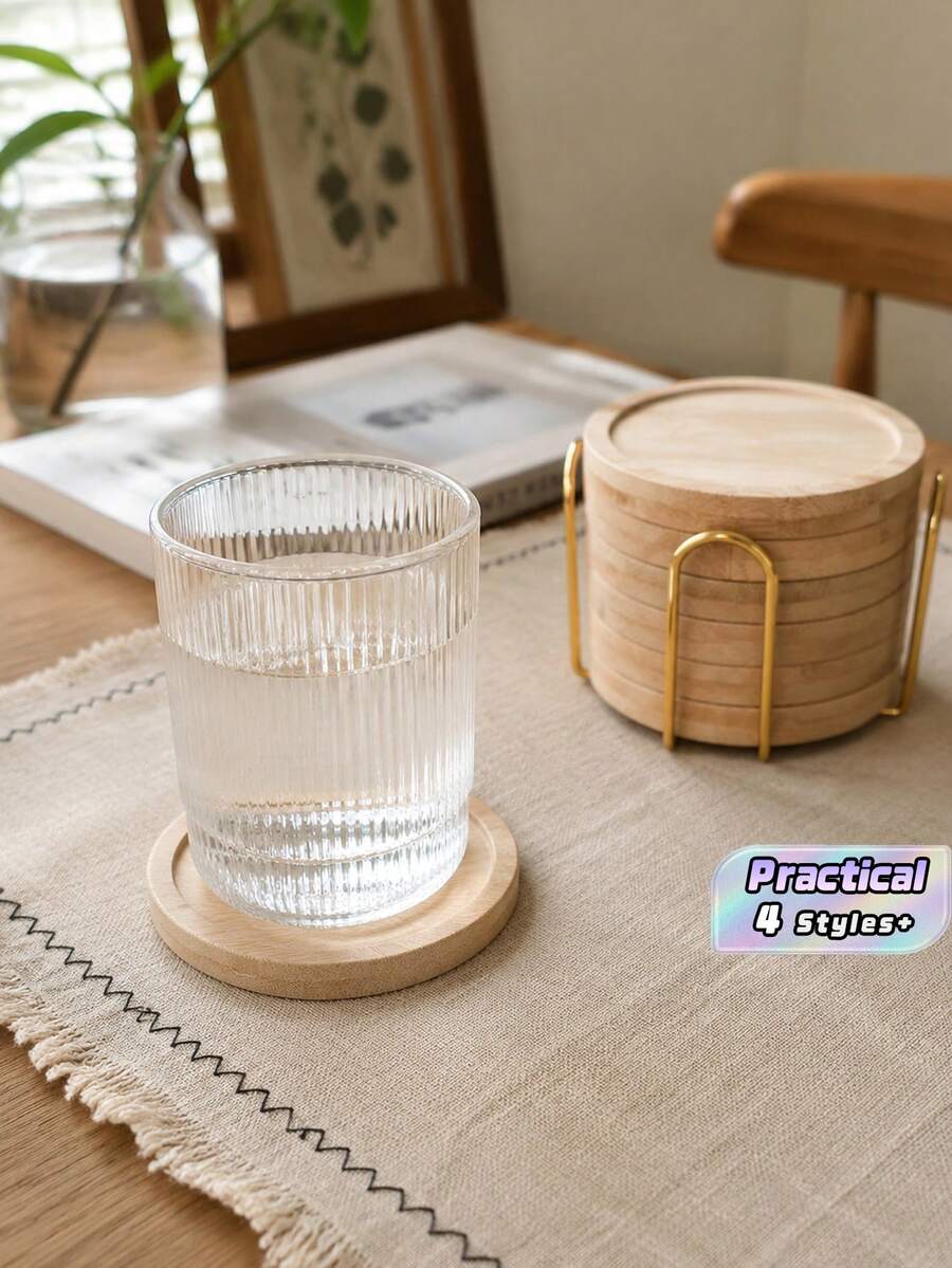 6‑Pack Bamboo Coaster Set With Holder, Natural Wood Coasters Waterproof Heat‑Resistant For Home Bar Kitchen Decor - Wood Color - View 1
