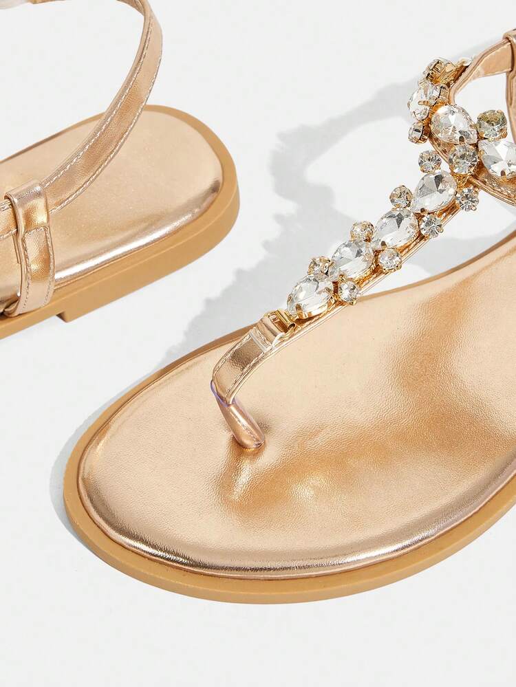 CUCCOO TILAWA Women's Shoes Women's Rhinestone Decorative Flat Sandals - Champagne - View 6