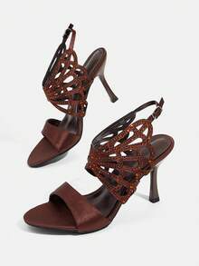 CUCCOO TILAWA Coffee Brown Satin Hollow Rhinestone Stiletto Sandals, Women's Light Luxury Rear Strap Buckle Open-Toed High Heels - Coffee Brown - View 8