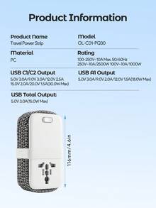 Teckwe This Multi-Functional Travel Power Strip Works In 150 Countries Worldwide,PC,Specs:10A 100-250V~ 50/60Hz 2500W Max - White - View 7