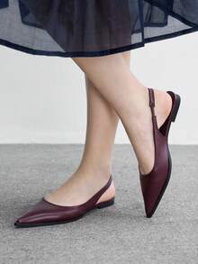 CUCCOO BIZCHIC 女款尖頭極簡風酒紅色後扣式slingback平底鞋，百搭輕量舒適日常通勤上班鞋 - 深酒紅色 - 查看 4
