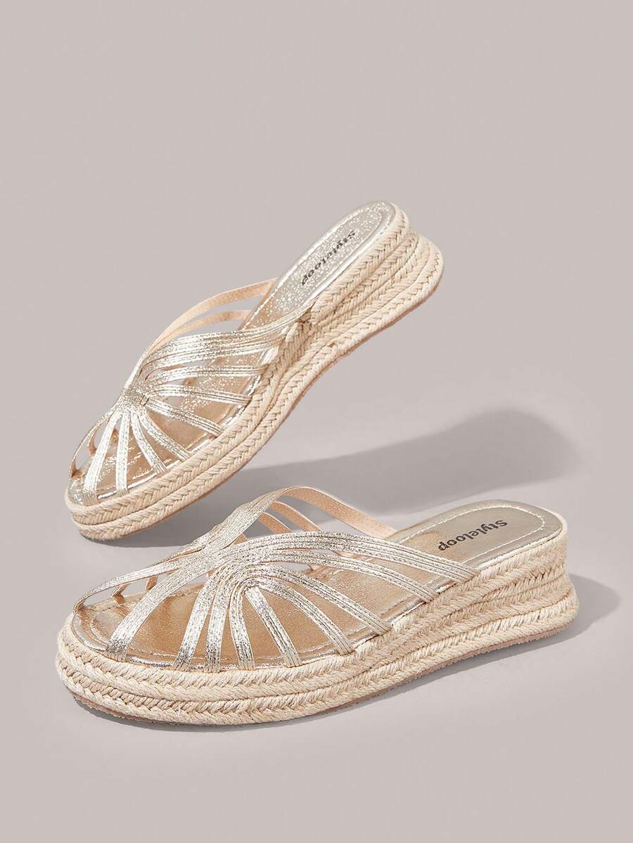 Styleloop Sandal Platform Wanita dengan Hiasan Garis Emas, Gaya Pomessian, Cocok untuk Liburan, Kencan Sehari-hari, Pantai, Perjalanan Santai - Emas - View 1