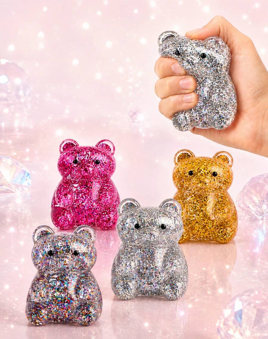 1pc Silver Glitter Bear Squeeze Figure With Clear Jelly Texture, Sparkle Filled Animal Shape In Blue Striped Window Box, Soft Handheld Ornament For Desk Decor, Shelf Display And Travel Carry - Multicolor - View 1