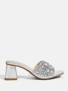 CUCCOO TILAWA Women's Fashion Crystal Glass Rhinestone Embellished High-Heeled Sandals For Outdoor Events And Parties - Silver - View 3
