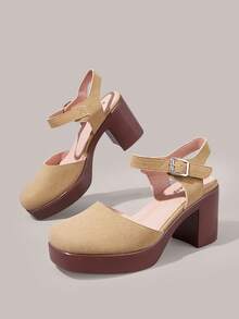 Styleloop 女款後扣帶粗跟涼鞋，圓頭高跟鞋，復古百搭通勤護趾女鞋 - 卡其色 - 查看 8
