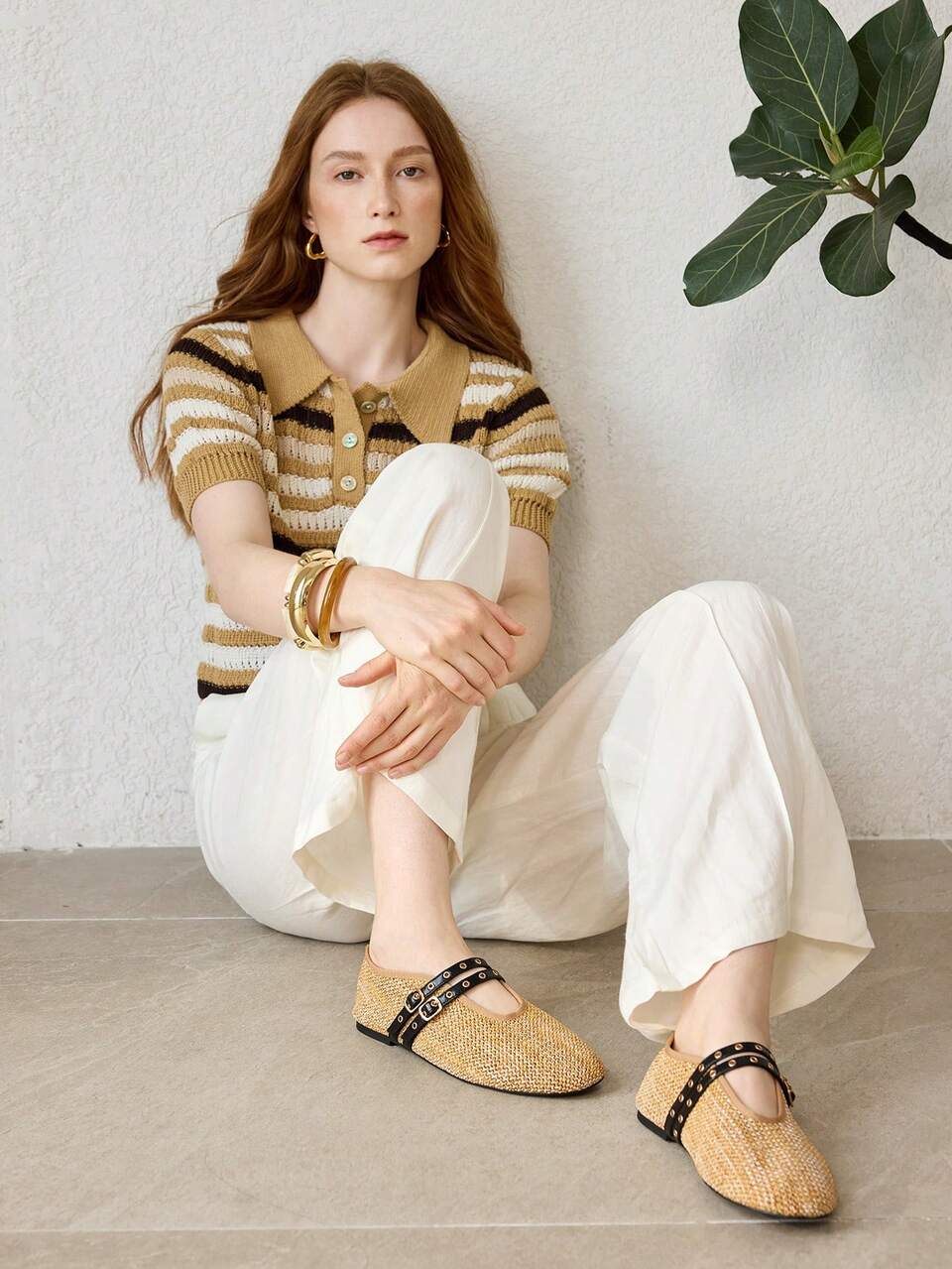 MOTF WOMEN'S FRENCH VACATION SPRING AND SUMMER NEW DOUBLE BUCKLE MARY JANE SHOES ROUND TOE BLACK BUCKLE WITH METAL RIVETS STRAW WOVEN FLAT SHOES FALL SHOES