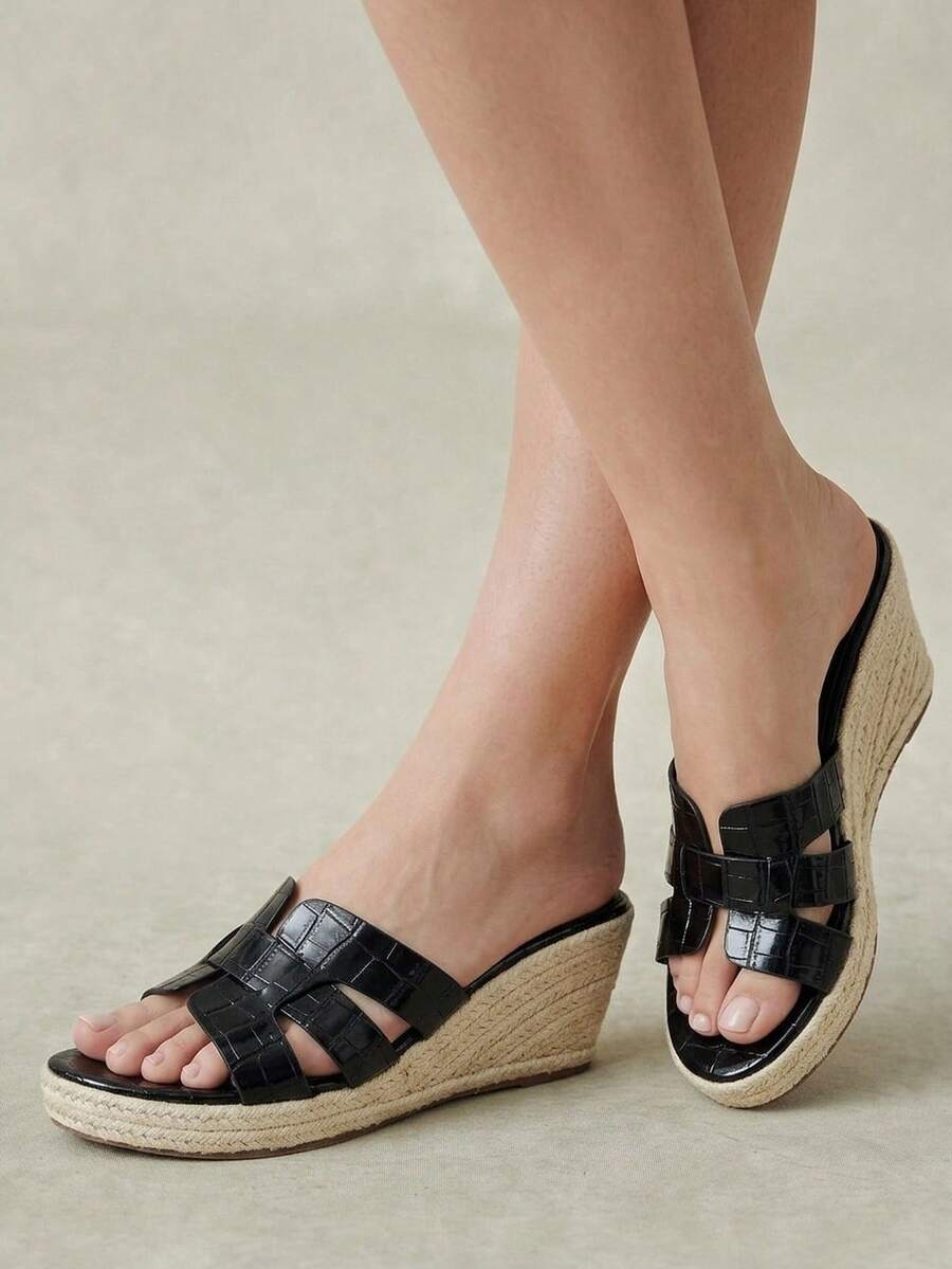Styleloop 時尚圓頭黑色壓紋休閒草編坡跟女款涼鞋拖鞋,通勤簡約度假旅行田園波希米亞音樂風 - 黑色1 - 查看 1