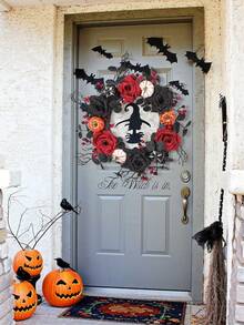 1pc Black Halloween Wreath With Twig Pine Needle & Pumpkin Decor, Gothic Door Hanging Circle For Party Halloween, Fall Front Porch Home Decoration - multicolor - View 9