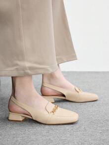 CUCCOO BIZCHIC 女款方頭低跟杏色後扣帶金屬鍊條slingback女鞋，舒適通勤，適合戶外購物 - 杏色5 - 查看 5
