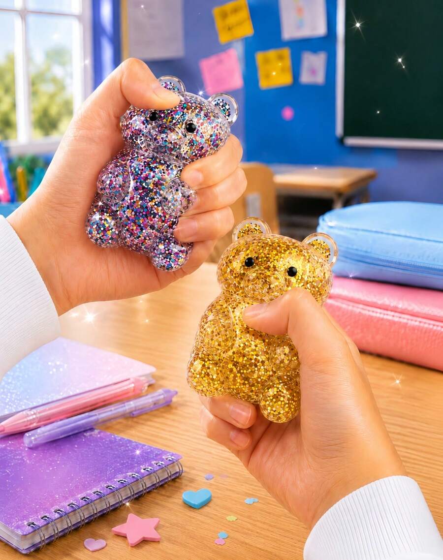 1pc Purple Glitter Bear Squeeze Figure With Transparent Jelly Finish, Colorful Sparkle Filled Animal Shape In Purple Window Box, Soft Handheld Ornament For Desk Decor And Shelf Display - Multicolor - View 1