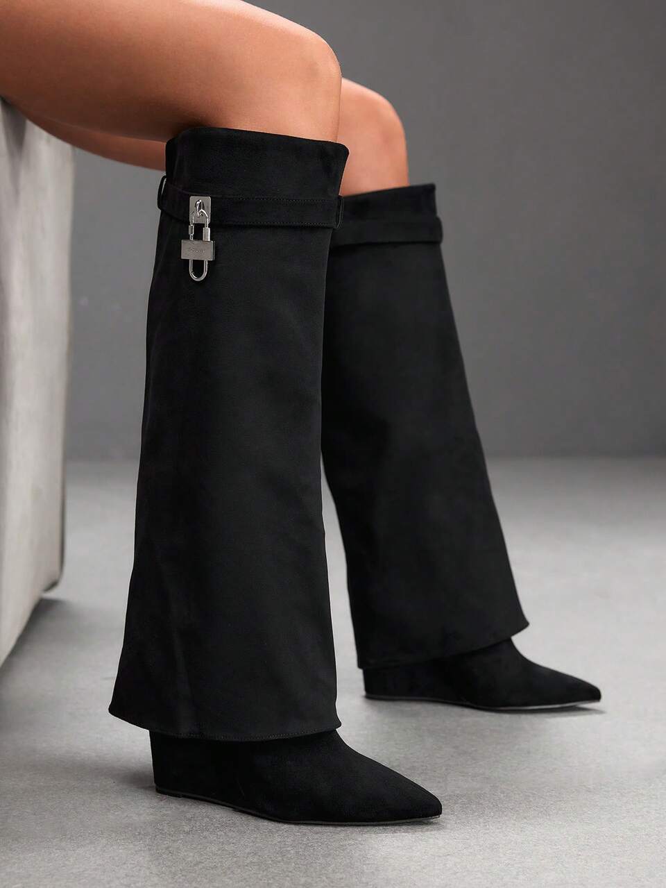 CUCCOO SZL Women's Pointed Toe Buckle Decor Tall Boots