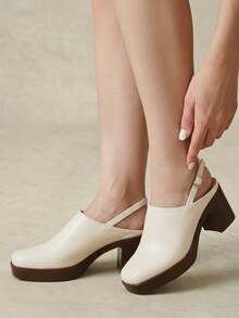 Styleloop Outdoor Women's Square Toe Pu Bottom Fleece Fabric, Fashionable, Simple, Breathable And Comfortable Party Buckle Style, Exposed Heel Shoes - PU beige - View 9