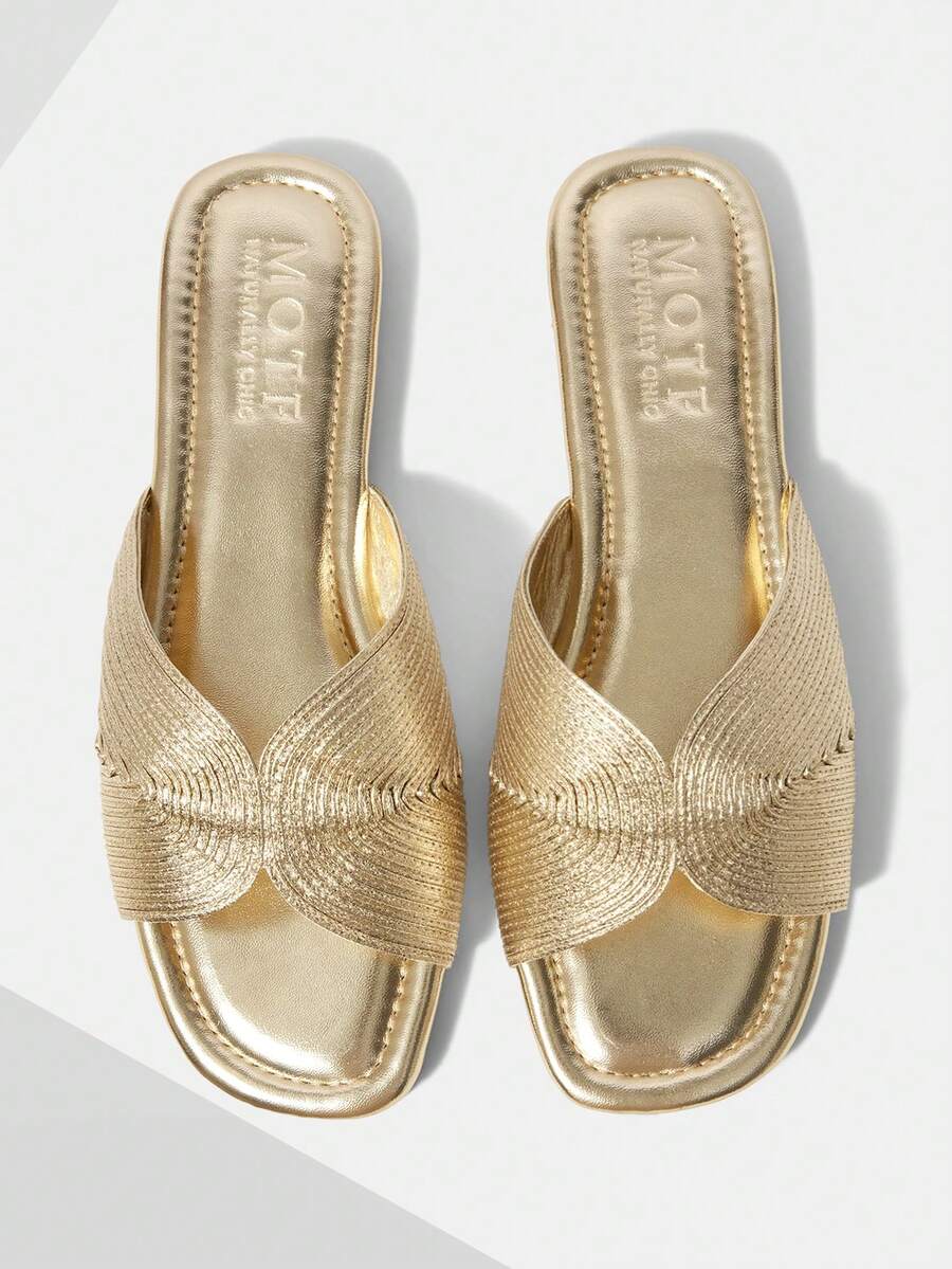 MOTF LADIES' ELEGANT GOLD WOVEN FLAT SLIPPERS, SQUARE OPEN-TOE - SUMMER SANDALS FOR DAILY/BEACH CASUAL COMFORT - Gold - View 1