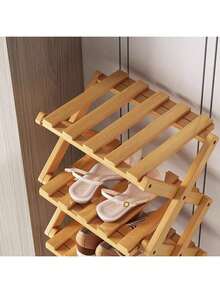 Zazumi 1pc Bamboo No-Installation Folding Shoe Rack, Suitable For Dining Room, Entryway, Bedroom, Living Room - Multicolor - View 2