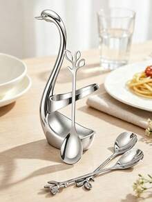 1 Set Of Swan-Shaped Tableware, Including 6/12 Fruit Spoons, Stainless Steel Dessert Spoons And Coffee Spoons, Equipped With A Swan-Shaped Storage Base. Easy To Clean, Durable With A Comfortable Grip, Suitable For Kitchens, Hotels And Cafes. - Silver - View 7